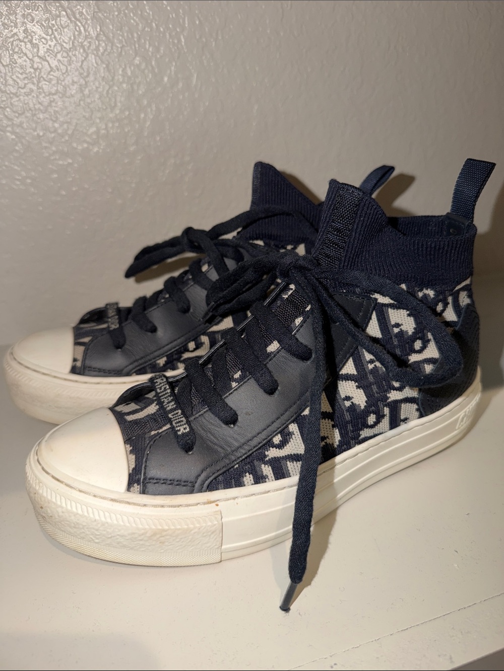 Dior Kids High-Top Knit Sneakers in Navy and White